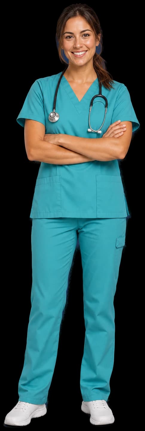 An IsoMed Care nurse in teal scrubs standing with her arms crossed and a warm, welcoming smile.