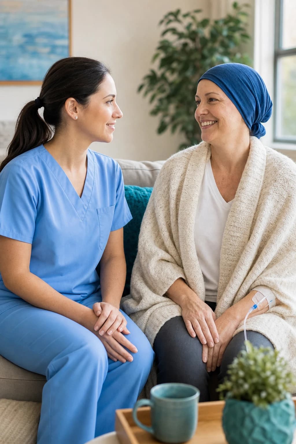 An IsoMed Care caregiver in soft blue scrubs sitting close beside an older patient recovering at home, wrapped in a cozy blanket, sharing a calm, hopeful smile.